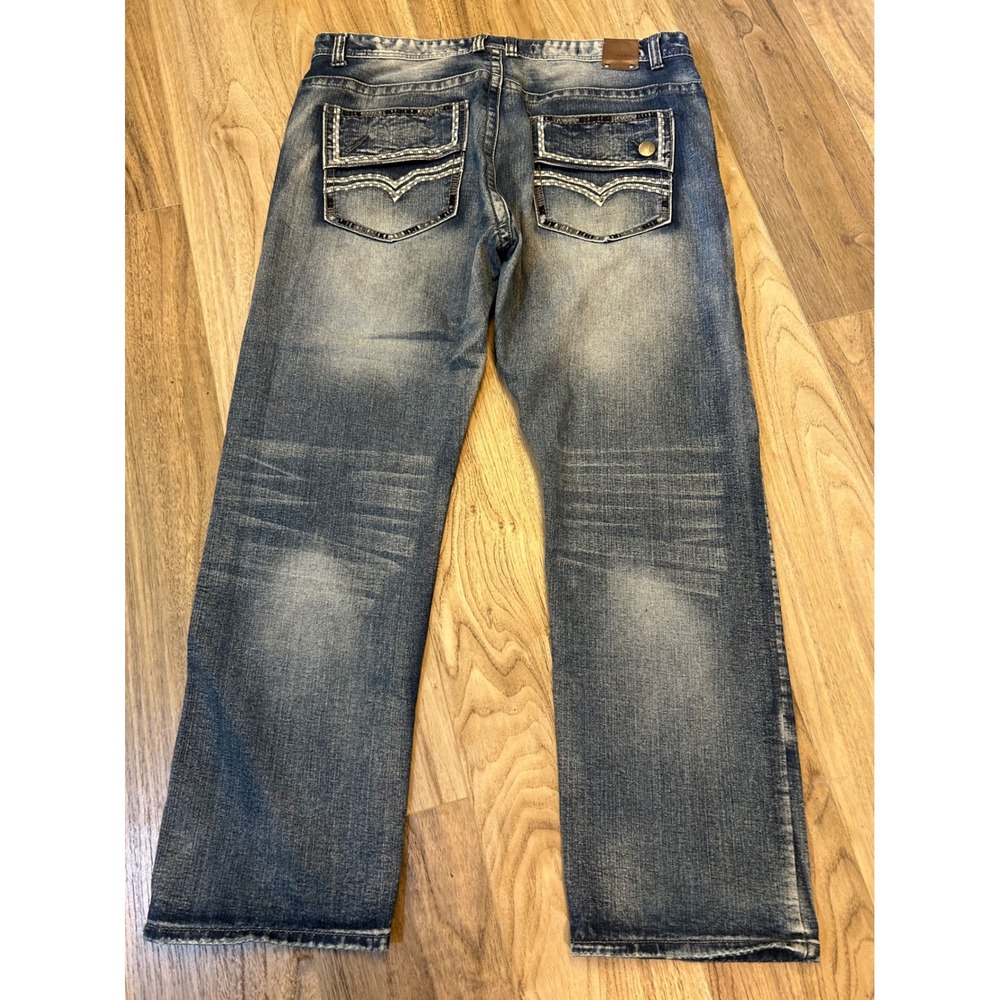 GS115 Mens Straight Leg Jeans 40x33 Medium Wash Thick Stitch Embroidered Pockets